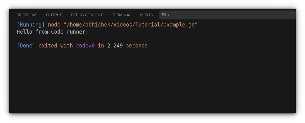 output of example.js file using code runner.