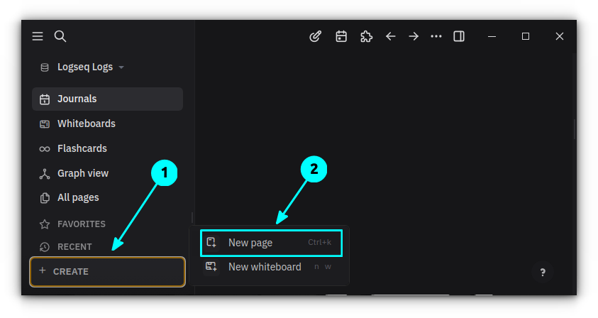 Click on Create button on the bottom-left of Logseq window. Then select "New page".