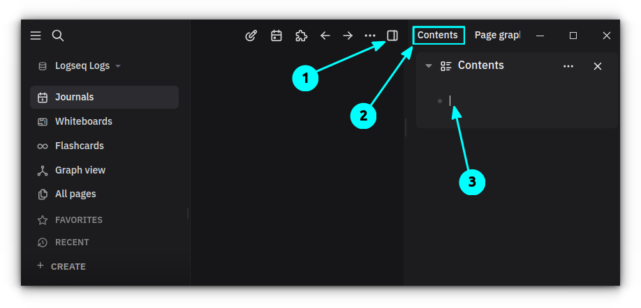 Click on the sidebar button from the top-right panel and select Contents. You can add text to the contents page by typing