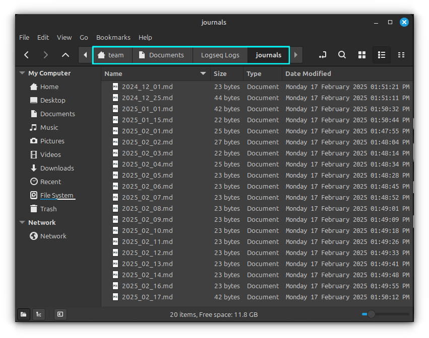 Journals File manager location, where each journal page is stored as a Markdown file.