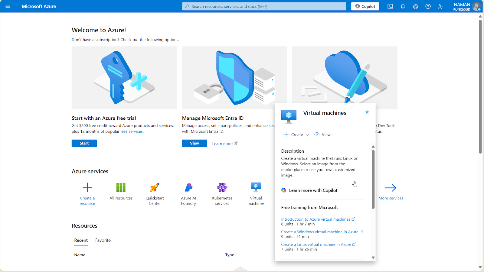 Microsoft Azure dashboard