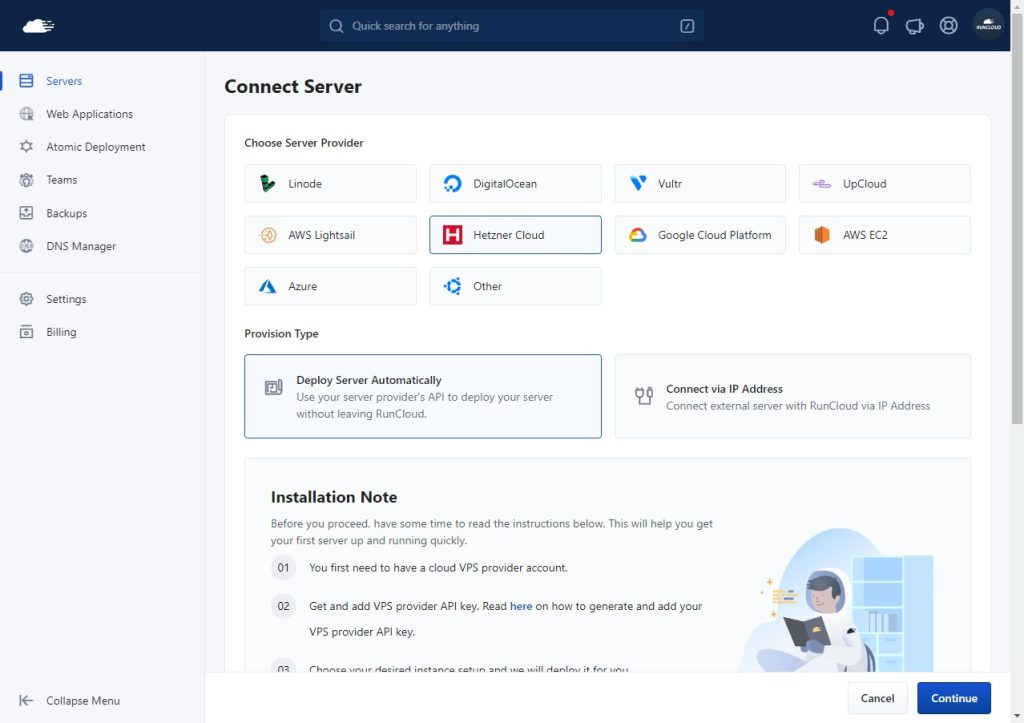 Selecting Cloud Provider RunCloud