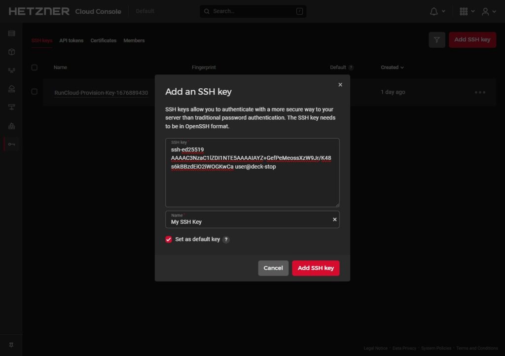 Adding SSH key on Hetzner