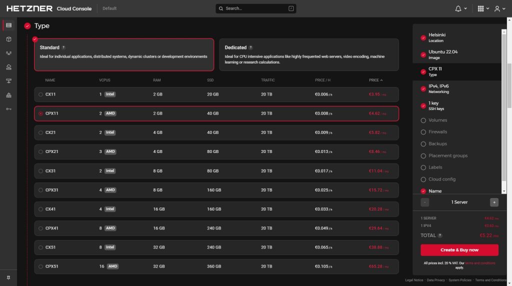 Selecting Machine size on Hetzner Cloud