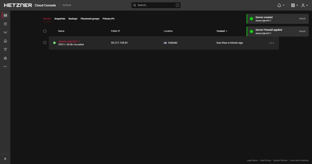 Successful Creation of new Server on Hetzner