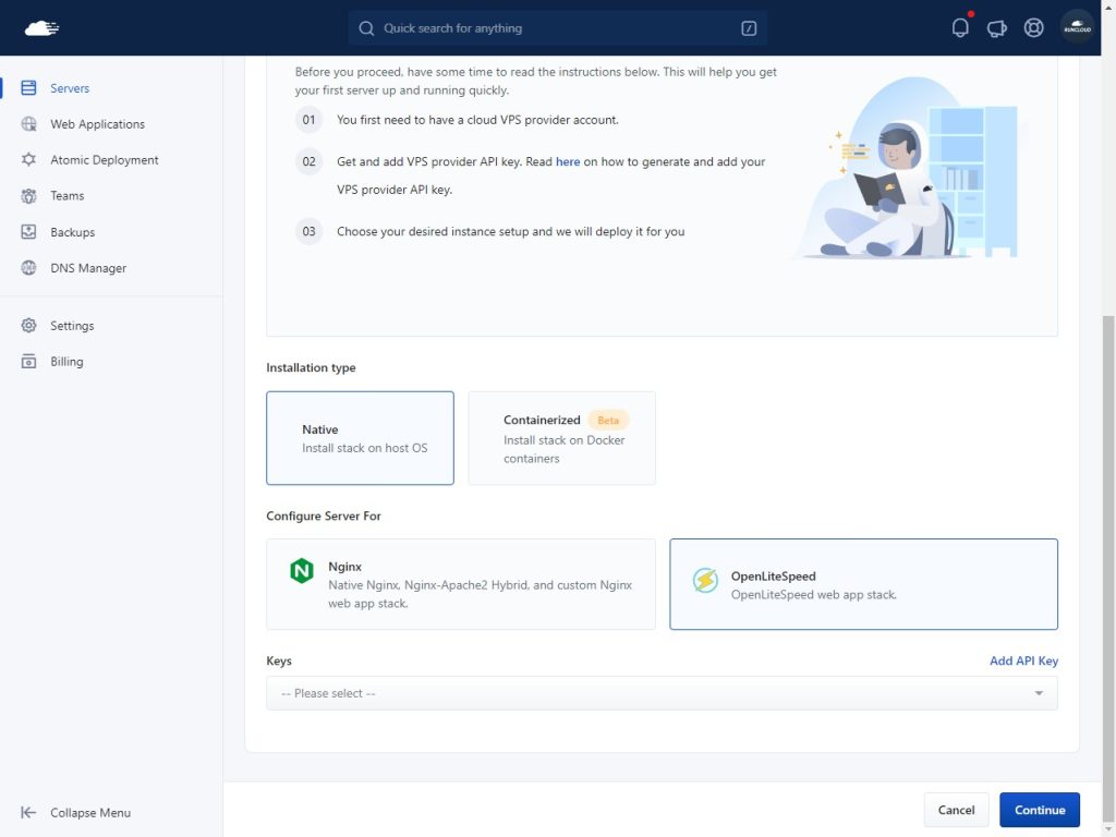 Selecting tech stack on RunCloud