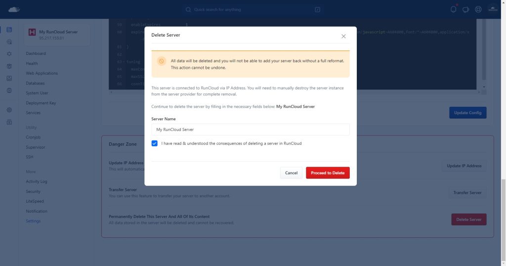 Deleting server manually on RunCloud