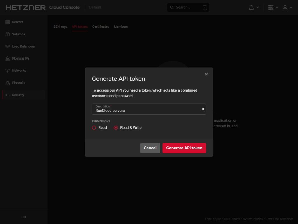 Generating an API token on Hetzner