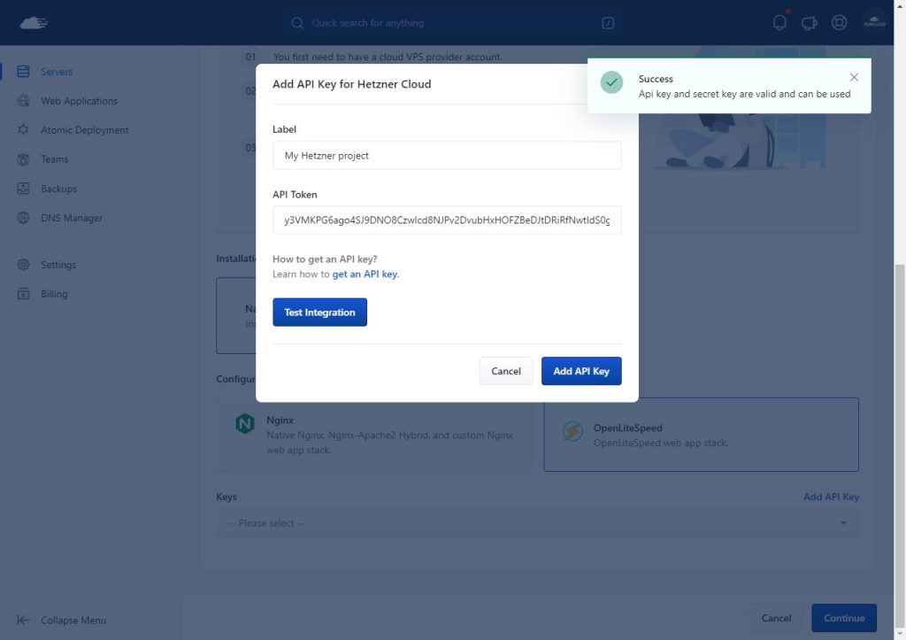 Successful testing of API key on RunCloud