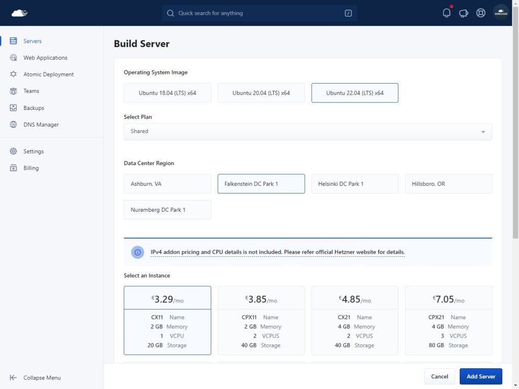 Selecting Pricing plans on Hetzner