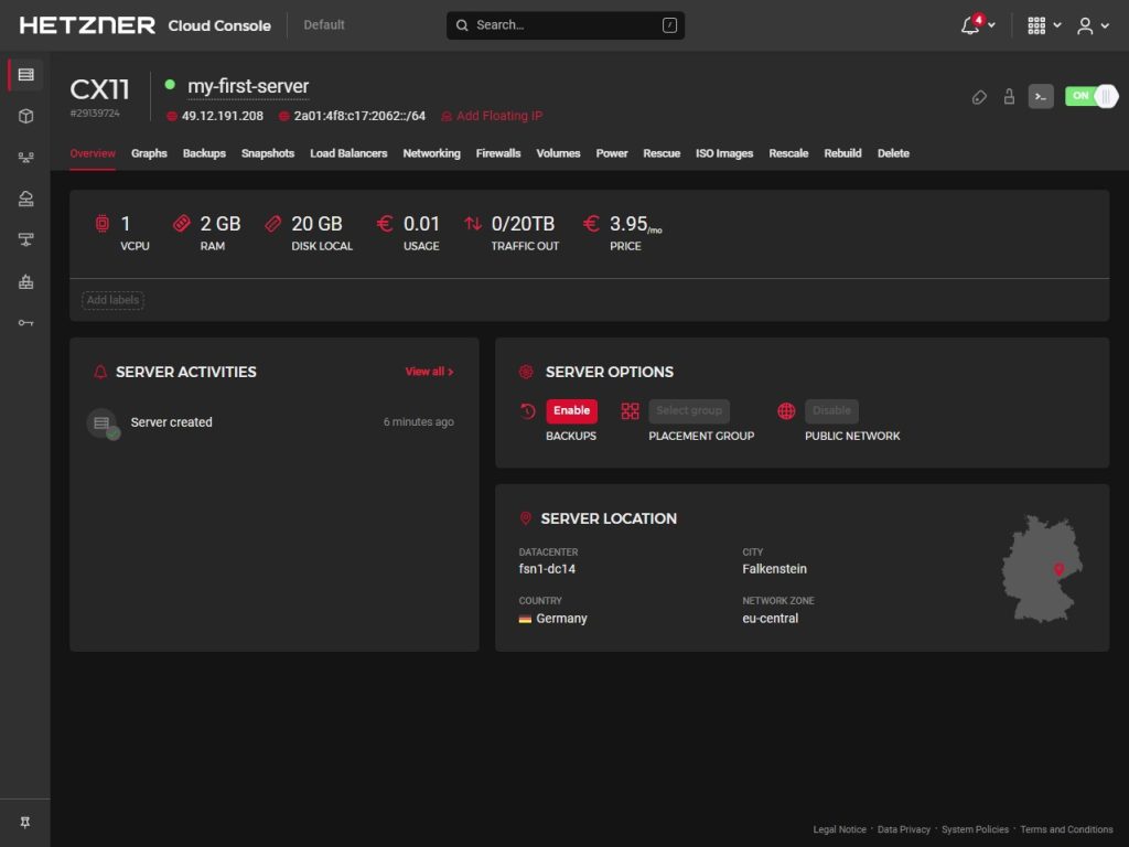 Hetzner dashboard server overview