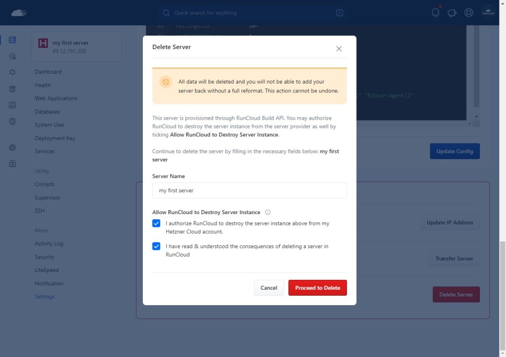 Deleting RunCloud Server via API