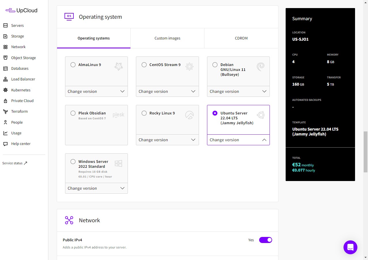Upcloud dashboard create Server