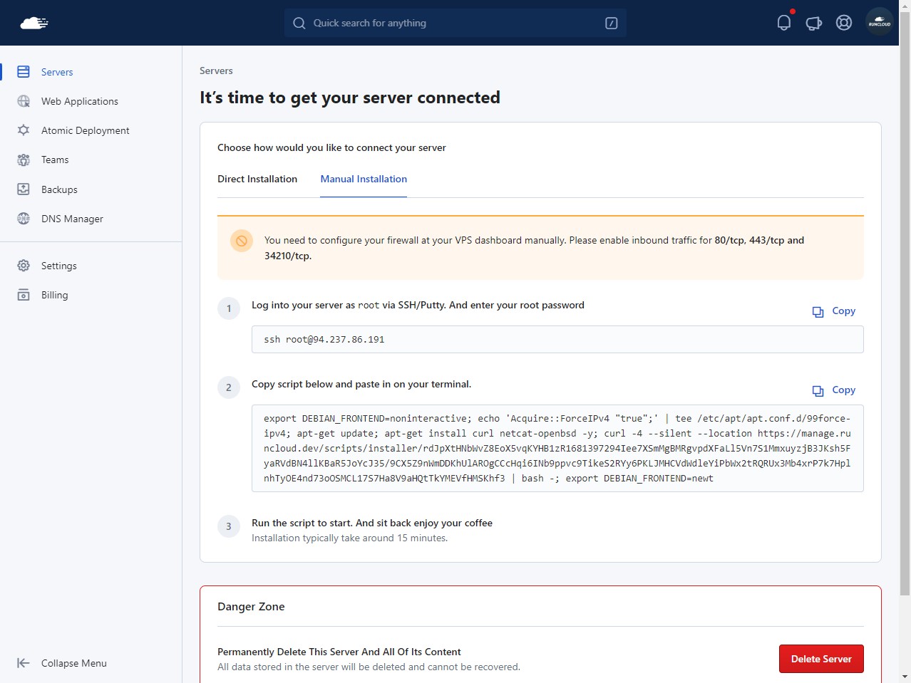 connect server manually RUnCloud