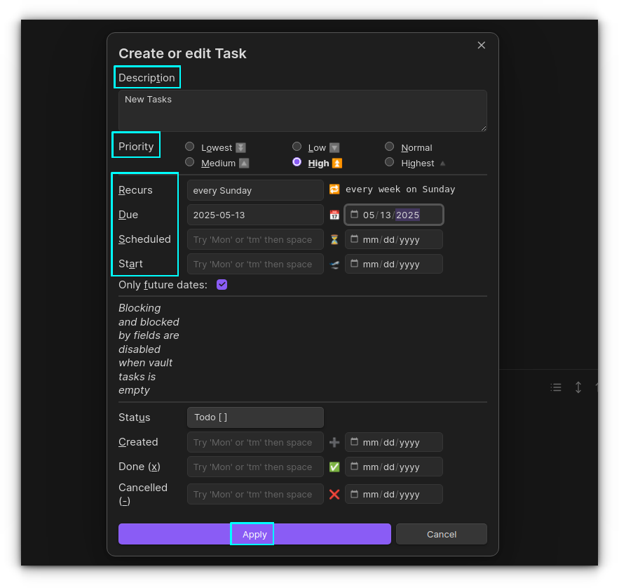 Creating a task in Obsidian using the task plugin.