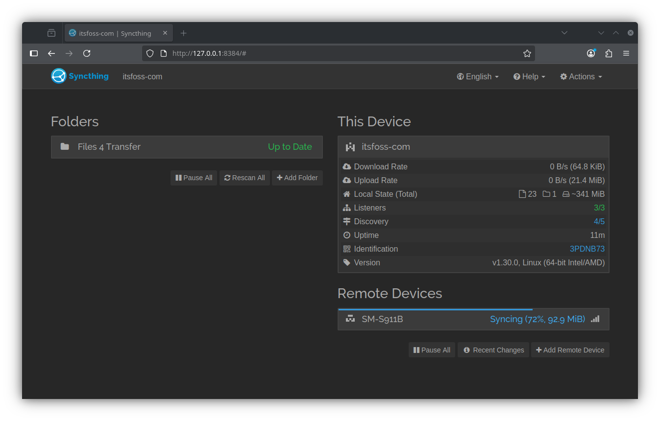 the syncthing web-based interface being used to sync a folder called files 4 transfer to a galaxy s23 (sm-s911b) device