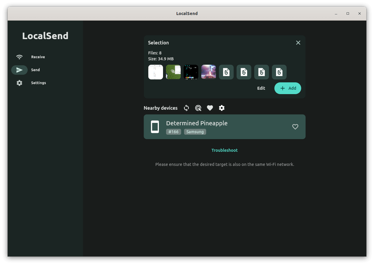 localsend being used to send eight files to an android device named determined pineapple, the files are of a mixed variety