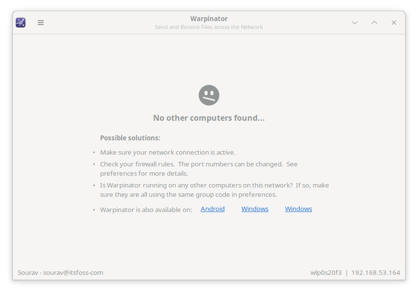 warpinator with no computers found error on the main page