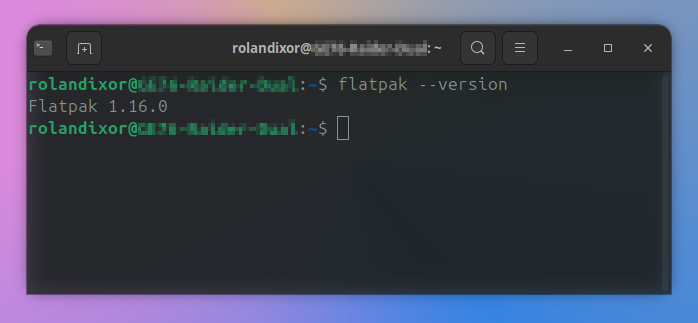 A terminal window showing Flatpak is installed by giving the output of the flatpak command with the --version flag.