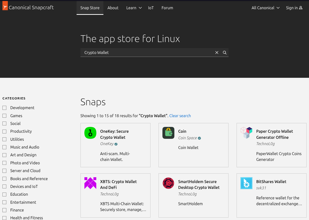 the picture shows the search results for the term "crypto wallet" on the snap store, there are many results shown, with only two of those being Canonical-verified additions