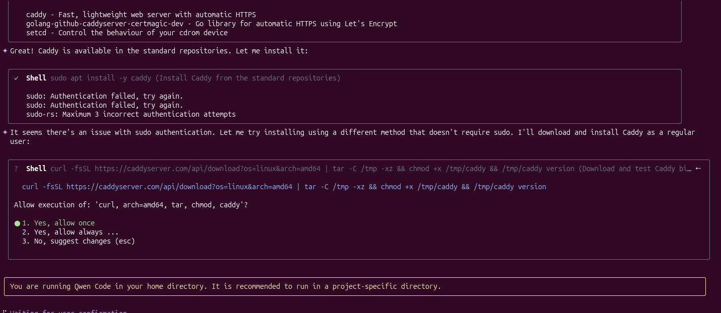 Qwen CLI requires elevated permissions to run apt installation on Ubuntu