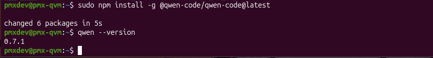 Screenshot of installing Qwen Code CLI via npm in a terminal
