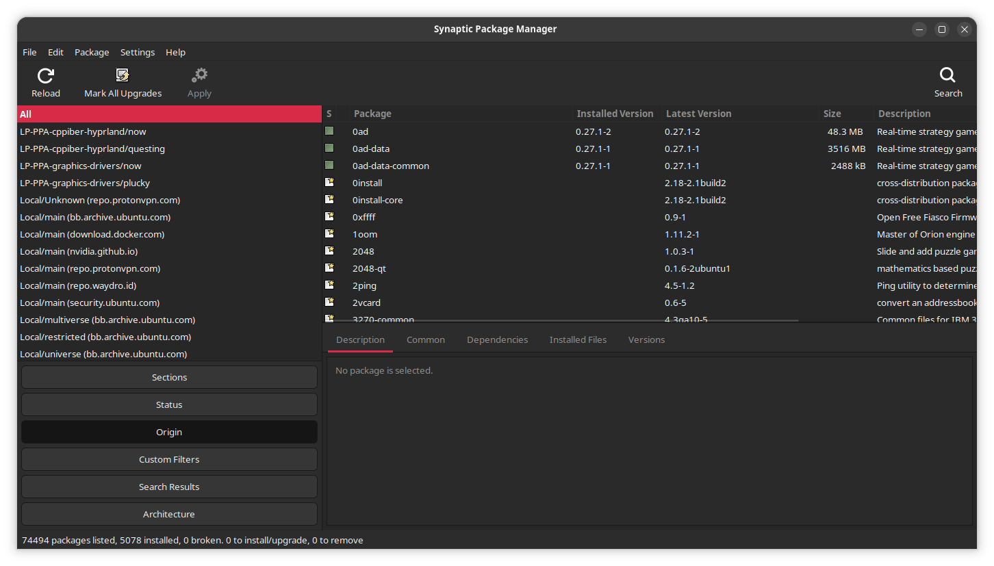 Synaptic lets you see where your packages are coming from at a glance
