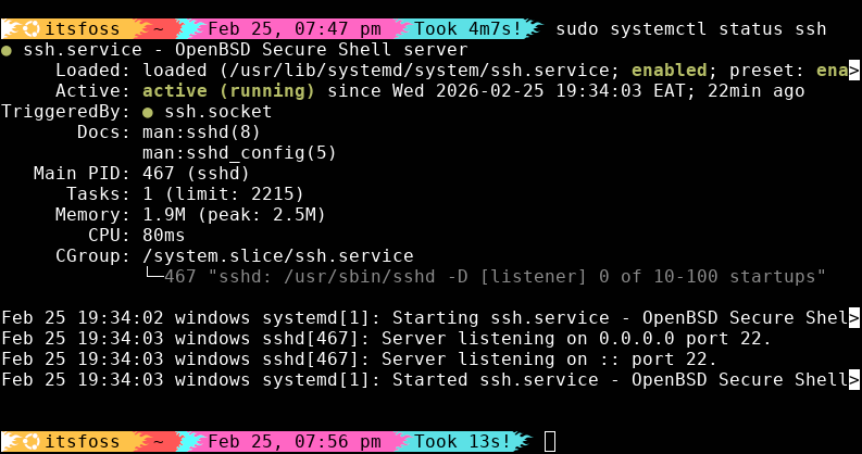 Systemctl status output, showing process IDs and recent log events for a running service.