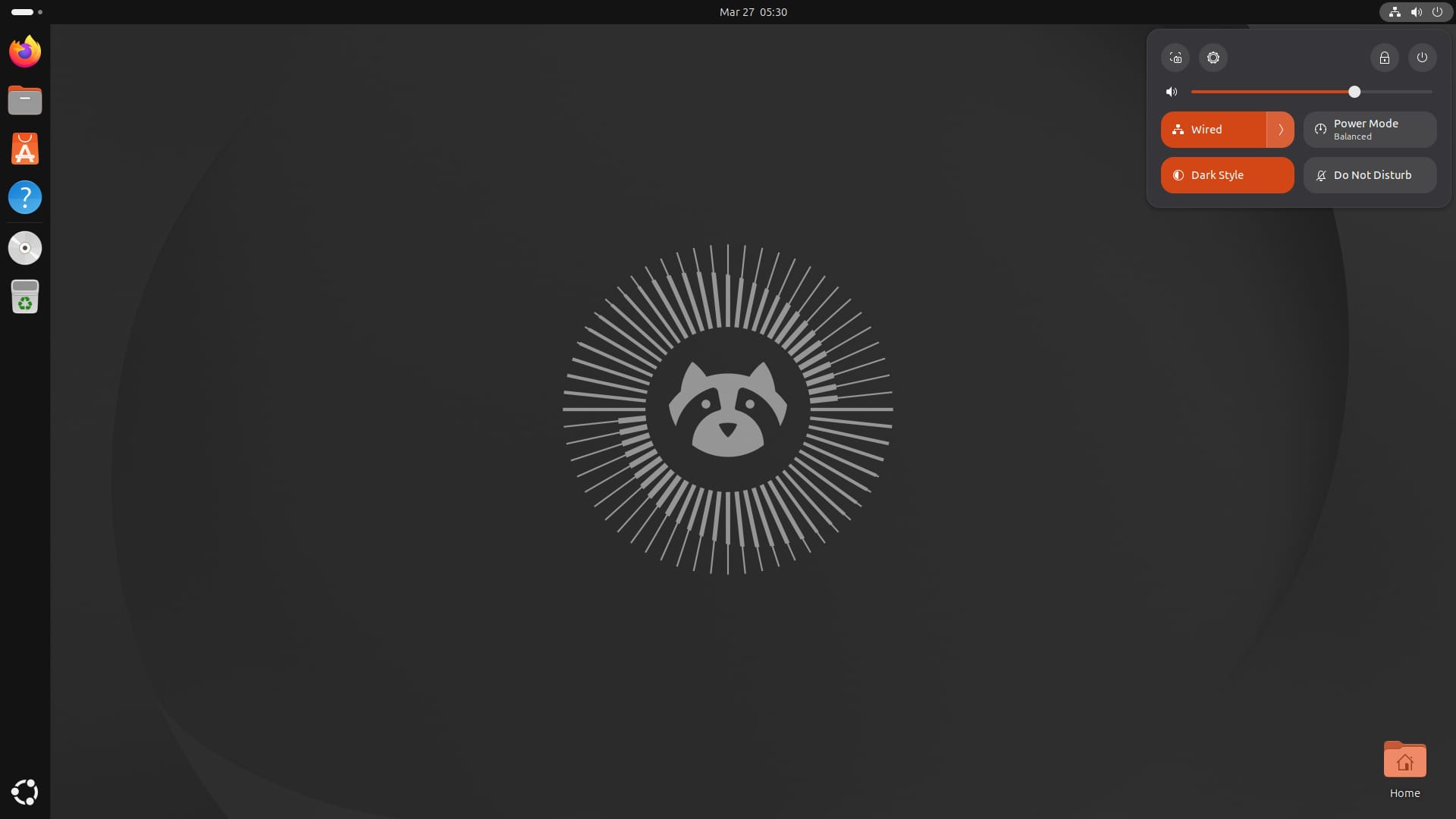 the desktop view of ubuntu 26.04 lts beta is shown here with the quick settings dropdown visible on the top-right