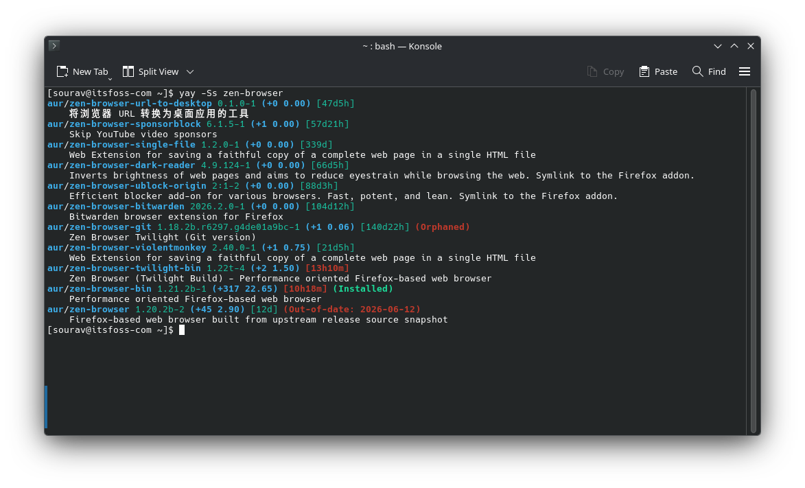a terminal window showing the output for the following command: yay -Ss zen-browser