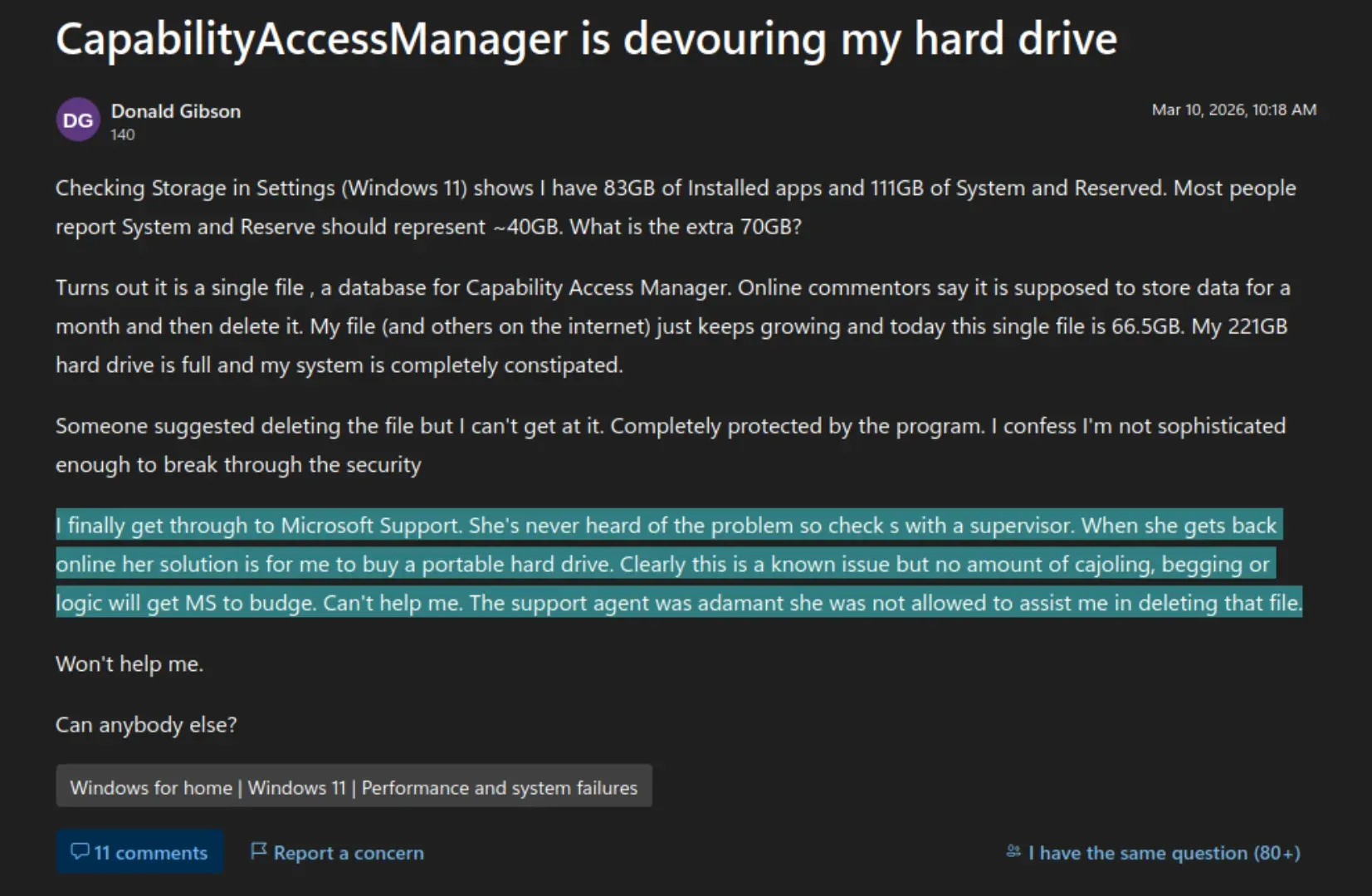 a complaint by a user named donald gibson that lays out the issue with capability access manager (cam)
