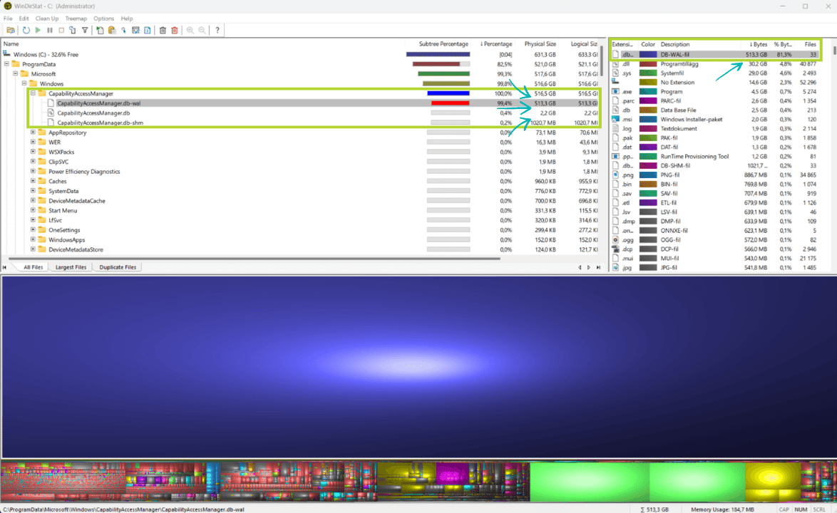 windirstat being used to analyze the storage consumption of the capabilityaccessmanager on windows 11